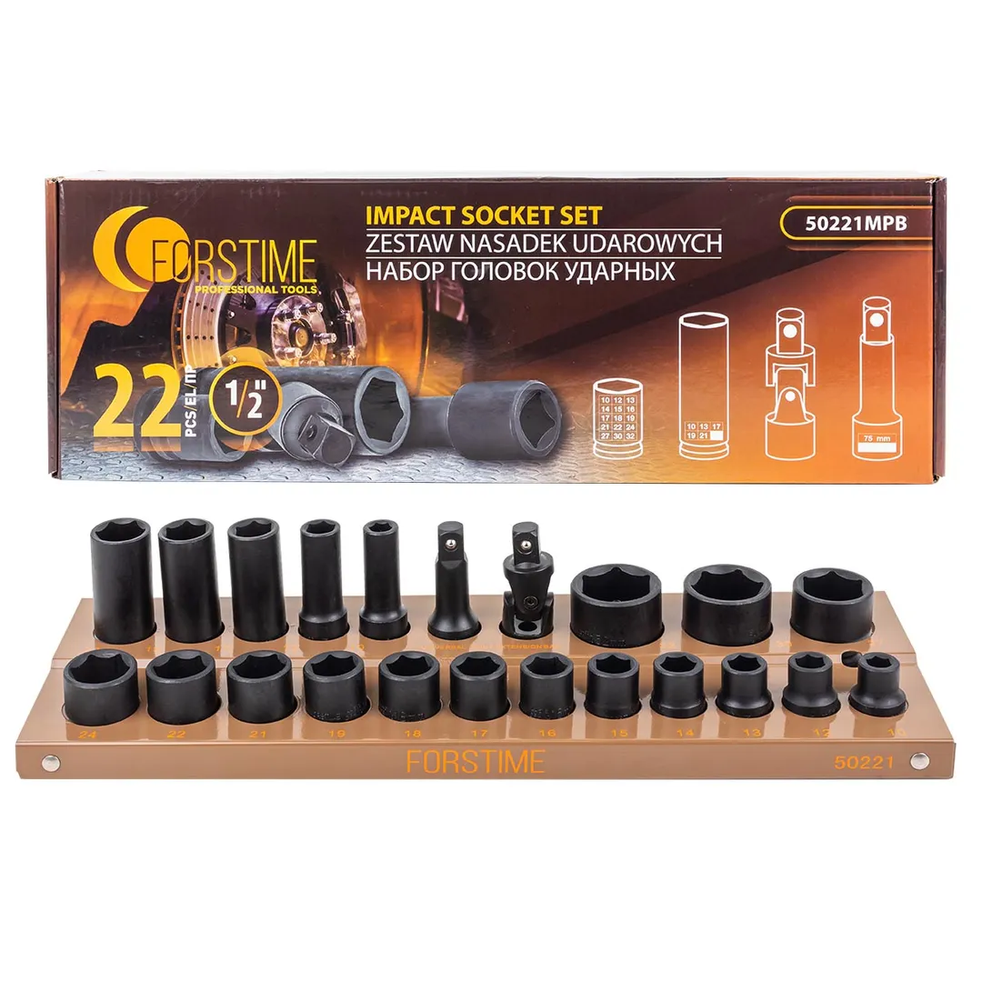 Головки ударные 1/2", набор 22 пр. 10-32мм, (6-гр.) FORSTIME FT-50221MPB