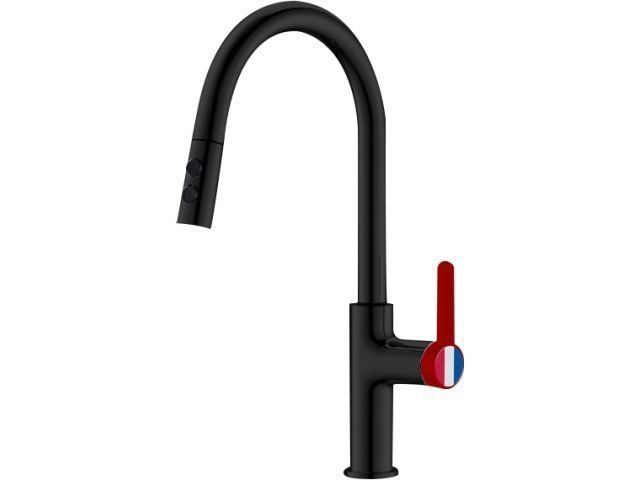 Смеситель для кухни (Lt) D35, серия Rose черный + красный, (Вытягивающийся двухрежимный J-излив) a-five A5-1025