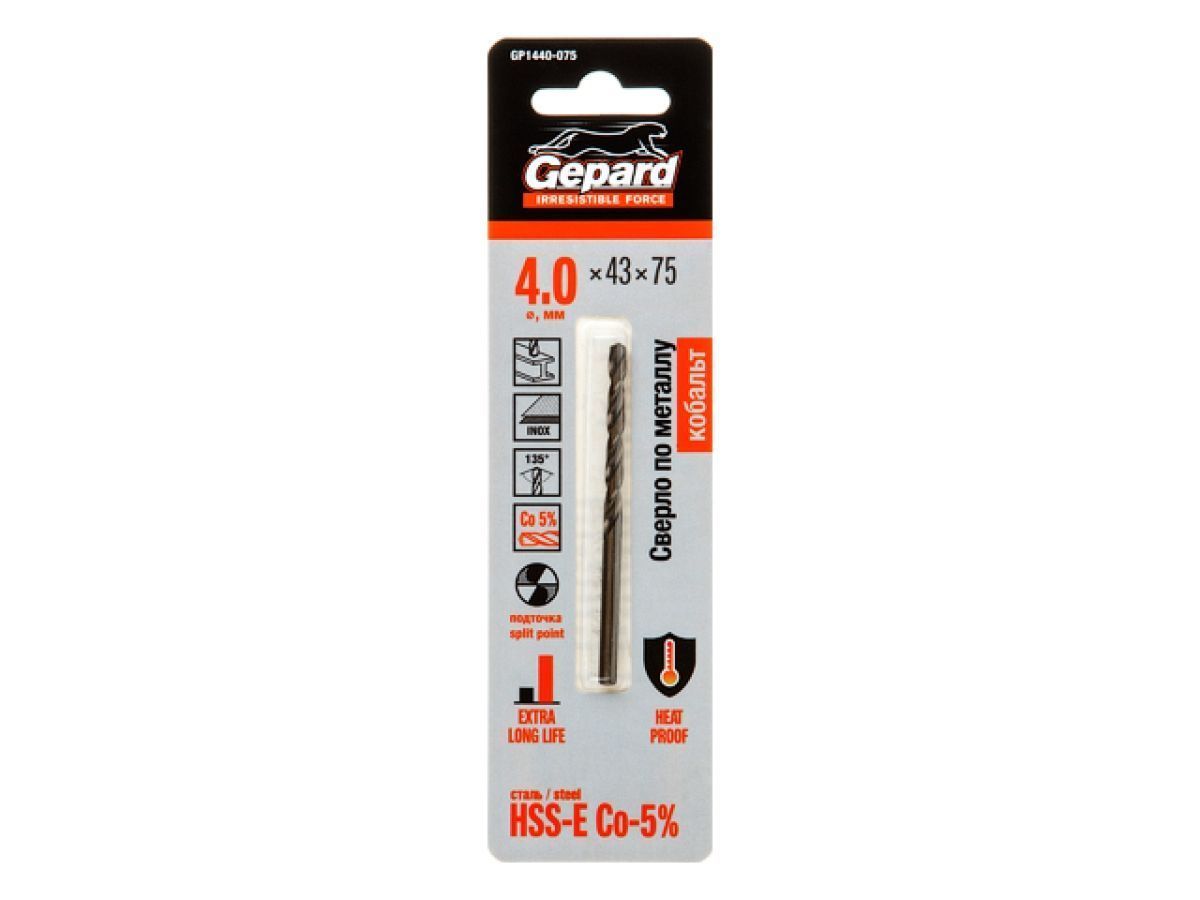 Сверло по металлу ц/x 4.0x43x75 mm HSS-Co GEPARD GP1440-075