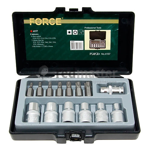 Набор бит-торкс и головок Е-профиль 1/2" Е10-Е20, Т25-Т55 15пр. Force 4157
