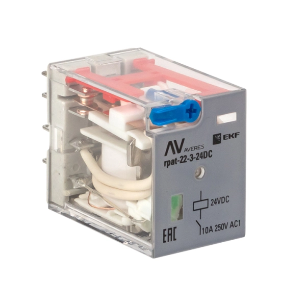 Реле промежуточное с кнопкой и мех. Индикацией RPAt 22/3 10A 24В DC AVERES...EKF rpat-22-3-24DC