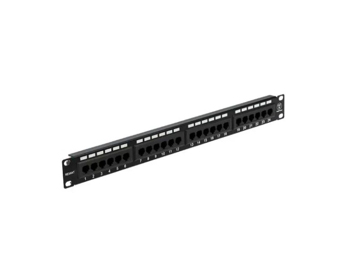 Патч-панель 19", 1U, 24 порта, UTP, RJ-45, CAT 5e (панель коммутационная) REXANT 04-0021
