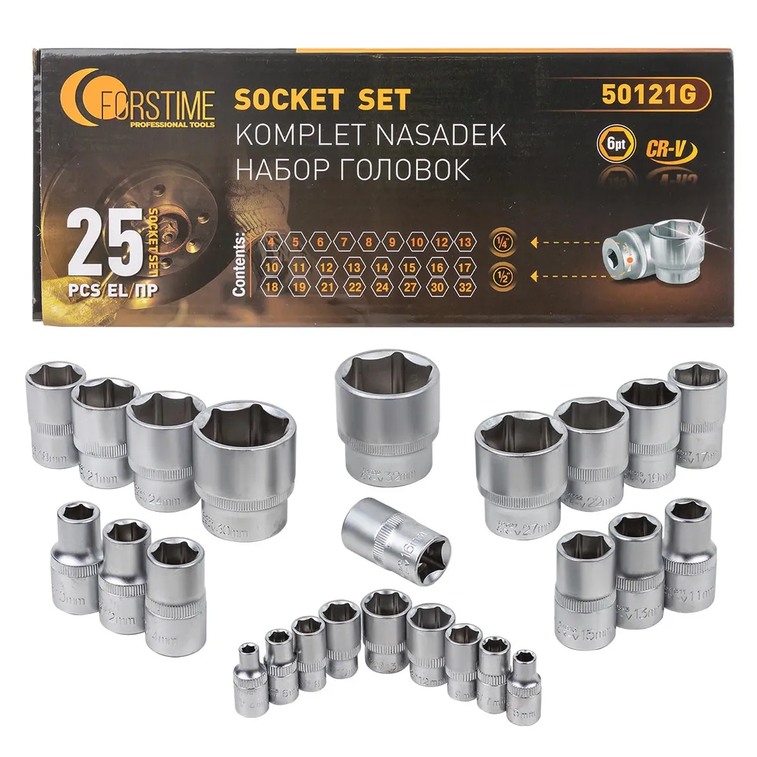 Головки 1/4", 1/2", набор 25пр. 6гр. 4-32мм,  FORSTIME FT-50121G