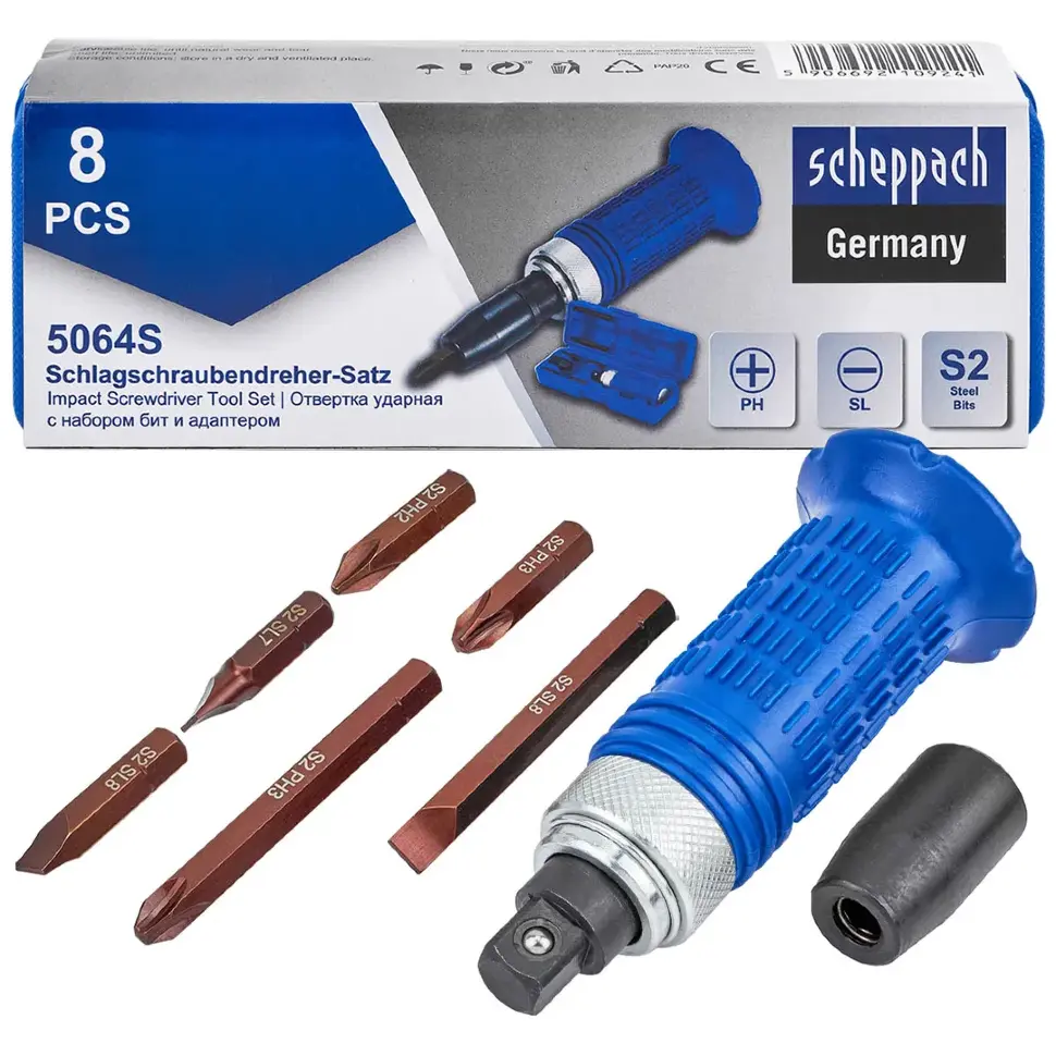 Отвертка ударная с набором бит и адаптером 8пр. Scheppach Sch-5064S