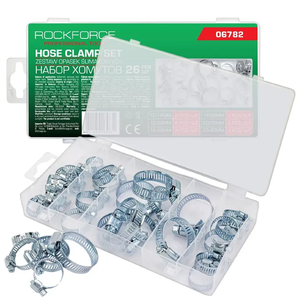 Хомуты зажимные червячные металлические, набор 26пр. RockFORCE ...Rock FORCE RF-06782