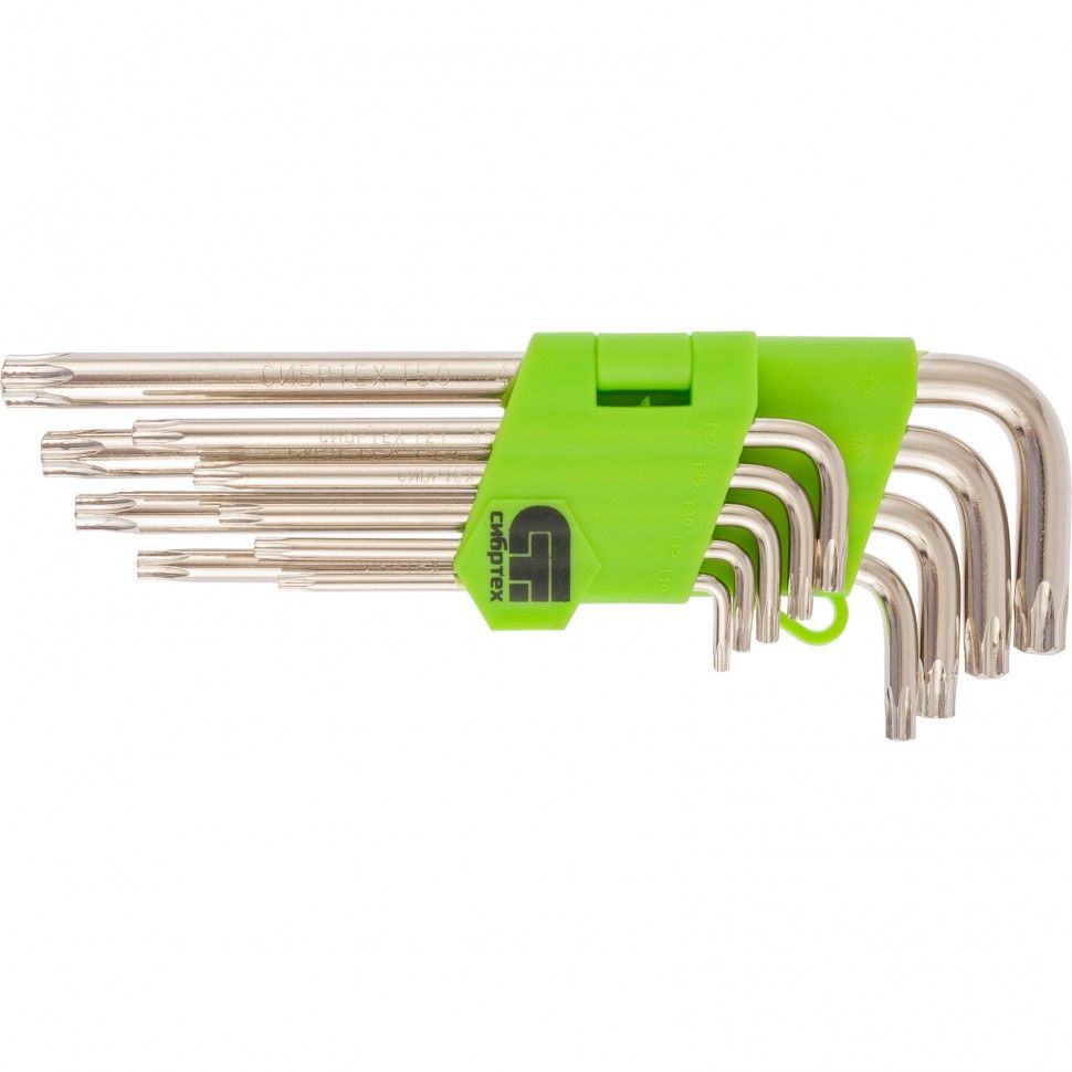 Набор ключей имбусовых Tamper-Torx, 9 шт., TT10-ТT50, 45x, закаленные, удлиненные, никель Сибртех 12322