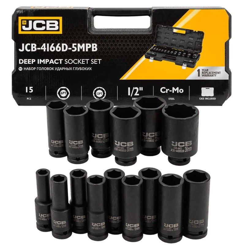 Головки ударные глубокие, набор 15пр., 1/2" (6гр.) JCB JCB-4166D-5MPB