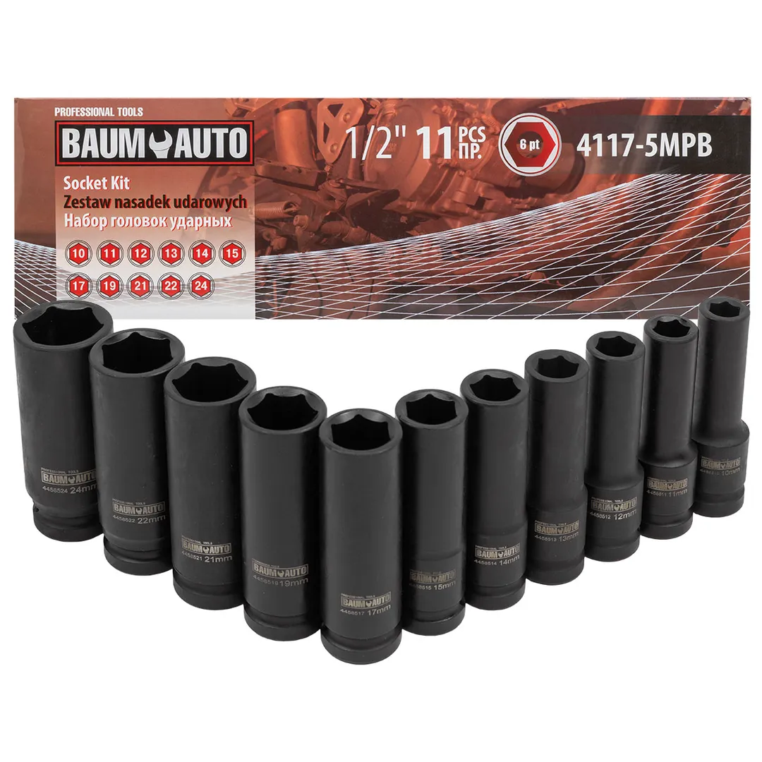 Набор головок ударных глубоких 11пр., 1/2'', 10-24мм (6-гр.) Baum Auto BM-4117-5MPB