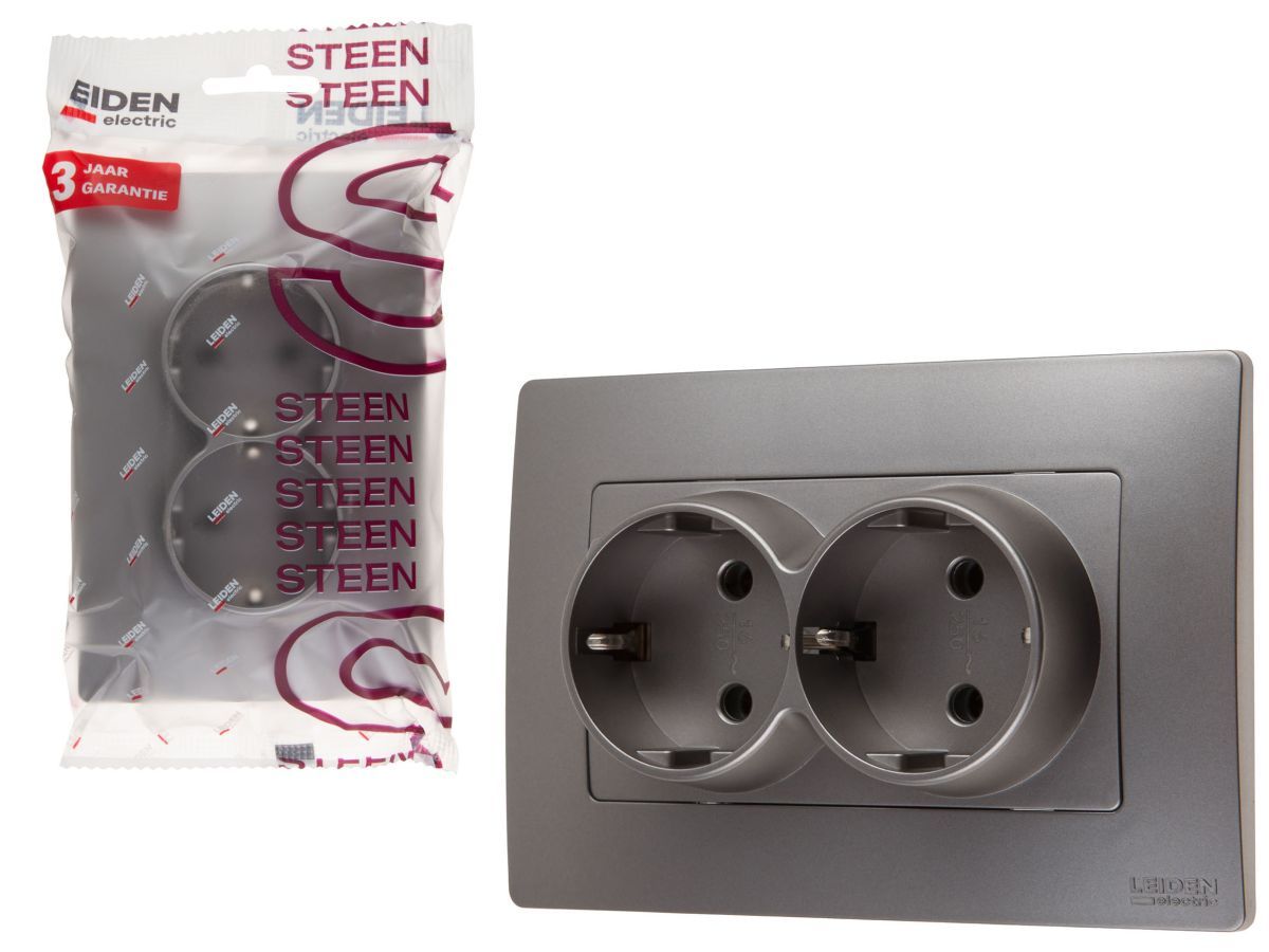 Розетка 2-ая (скрытая, с/з) алюминий, Steen LEIDEN ELECTRIC 806076