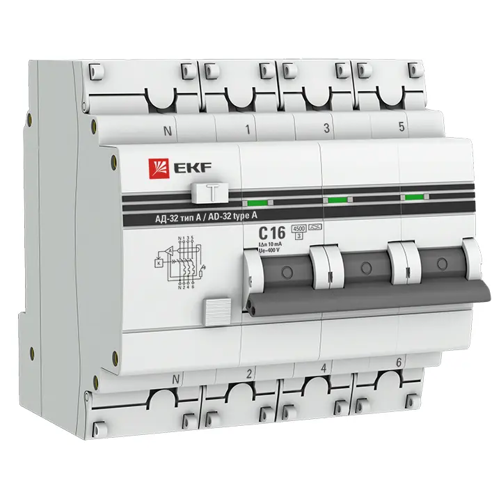 АД-32 3P+N 16А (С) 10мА тип (А) эл. 4,5кА PROxima EKF DA32-16-10-4P-a-pro
