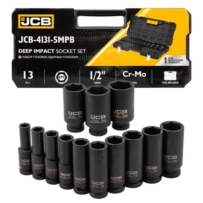 Головки ударные глубокие, набор 13пр., 1/2" (10, 12-15, 17, 19, 21, 22, 24, 30, 32мм) (6гр.) JCB JCB-4131-5MPB