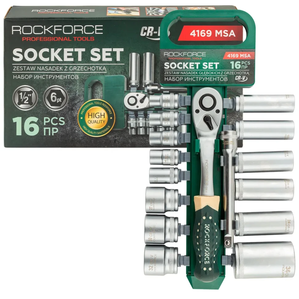 Набор инструментов, головки с ключом трещоточным и удлинителем 150мм, набор 16пр., 1/2" (6гр.) ...Rock FORCE RF-4169 MSA
