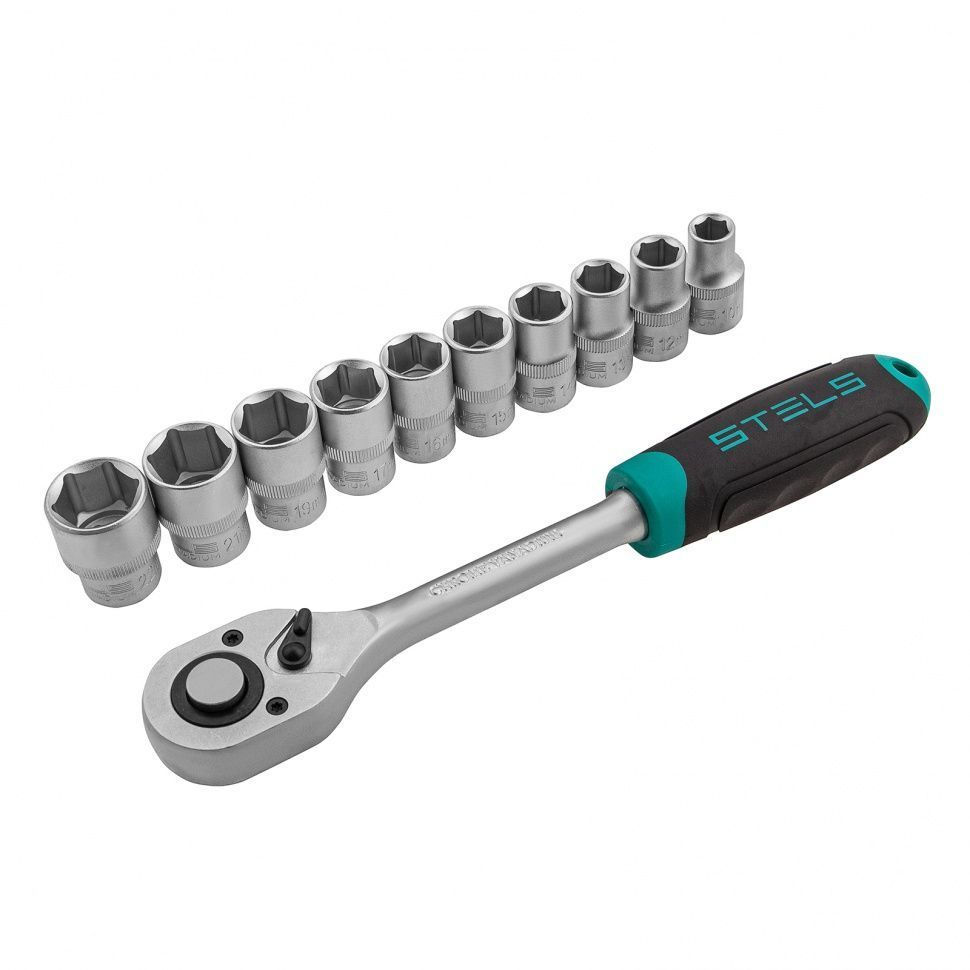 Набор торцевых головок, 1/2", головки 10 - 22 mm, с трещот. ключом, CrV, 11 предм. Stels 14127
