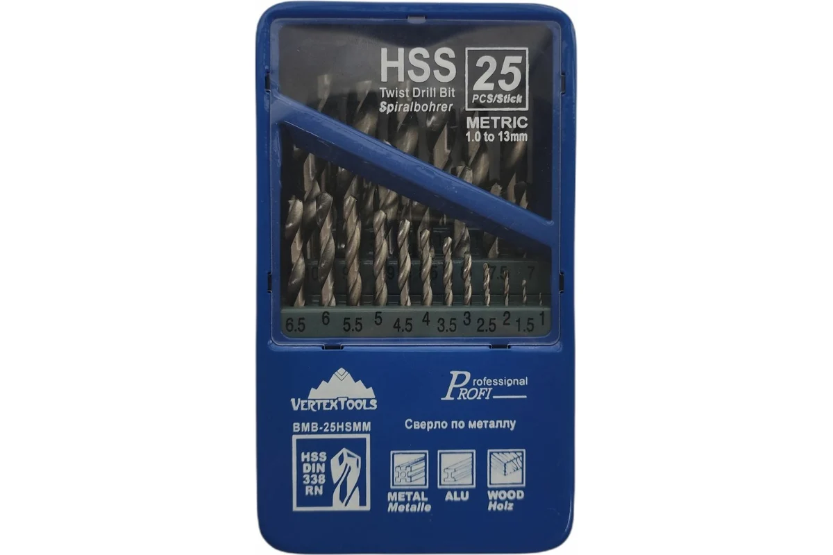 НАБОР СВЕРЛ HSS 25 предметов от 1 до 13 мм (1/ 10) VERTEX 0987-25