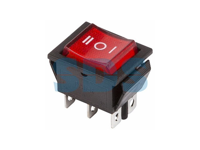 Выключатель клавишный 250V 15А (6с) ON-OFF-ON красный с подсветкой и нейтралью  ...REXANT 36-2390