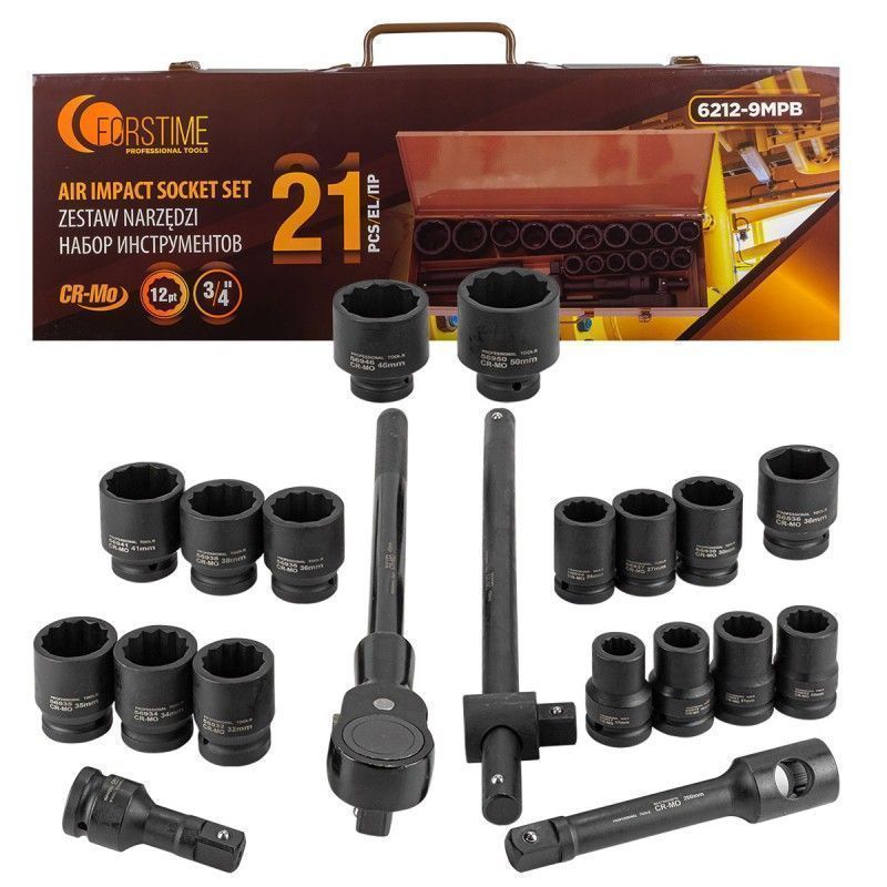 Набор инструментов ударных 21пр. 3/4" 12гр. (17-50мм) FORSTIME FT-6212-9MPB