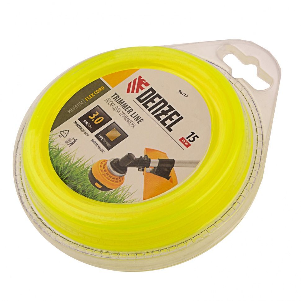 Леска для триммера квадрат 3 mm х 15 м, блистер FLEX CORD DENZEL 96117