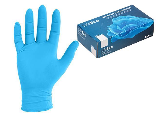 Перчатки нитриловые LifeEco, р-р L, синие, уп.100 шт. (мин. риски)... 