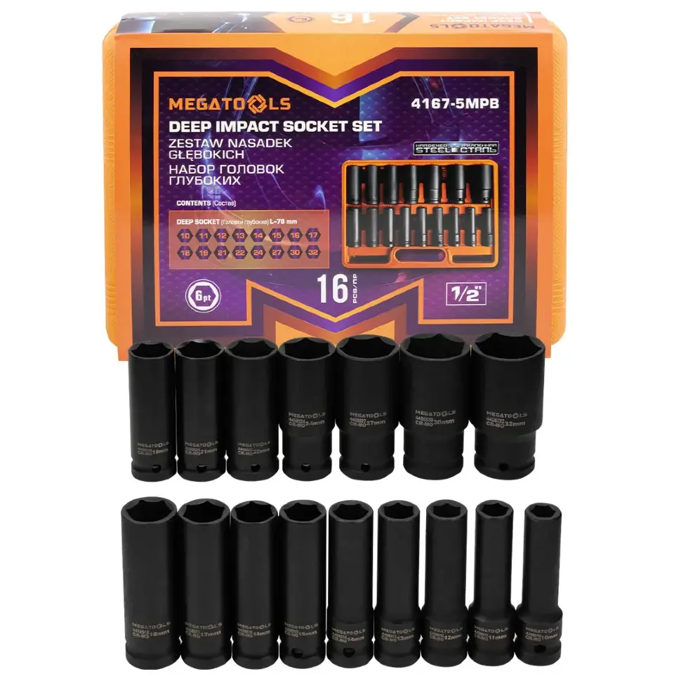 Набор головок ударных глубоких 16пр. 1/2" 6pt MEGATOOLS MT-4167-5MPB