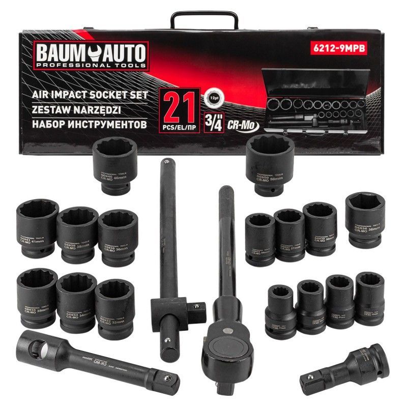 Набор инструментов ударных 21пр. 3/4" (17-36мм)(12гр.) Baum Auto BM-6212-9MPB