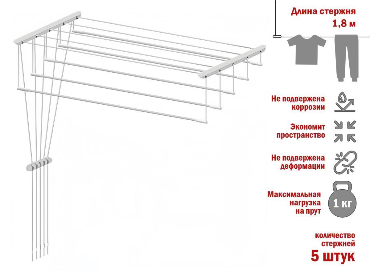 Сушилка для белья потолочная стальная 1.8 м, 5 стержней, белая PERFECTO LINEA 36-002181