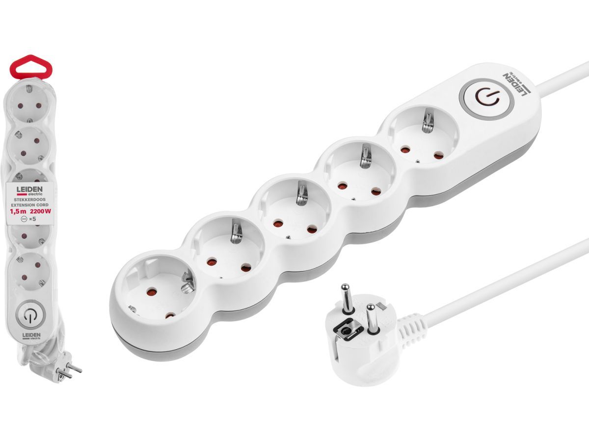Удлинитель 1,5м (5 роз., 2,2кВт, с/з, выкл, ПВС 3х0,75)  LEIDEN ELECTRIC 805048