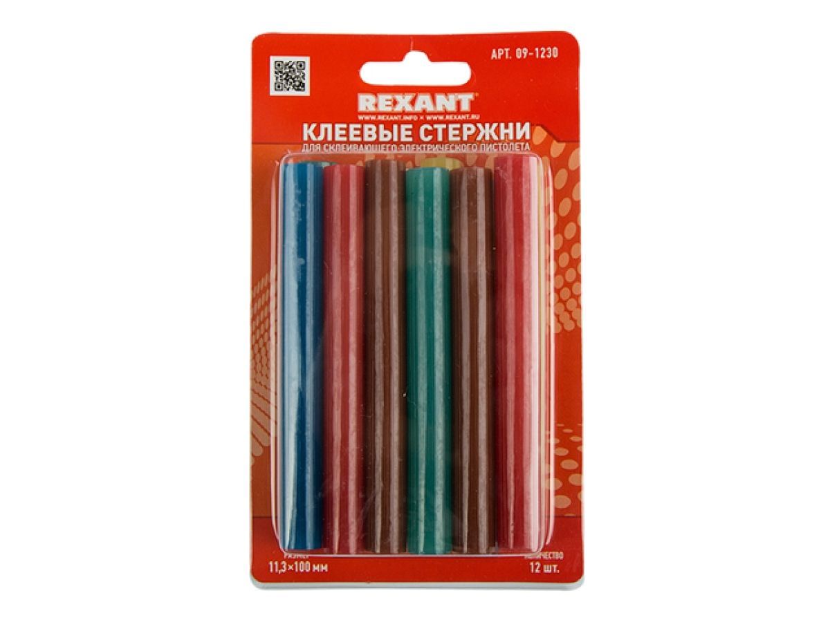 Стержни клеевые d=11,3 mm, L=100 mm, цветные (упак. 12 шт.), блистер REXANT 09-1230