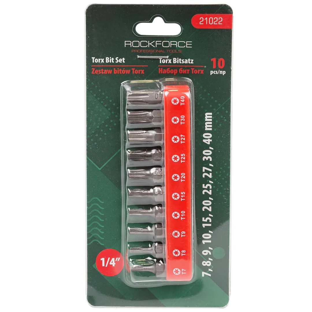 Набор бит TORX 10пр. 1/4" (T 7,8,9,10,15,20,25,27,30,40-25мм),в блистере Rock FORCE RF-21022