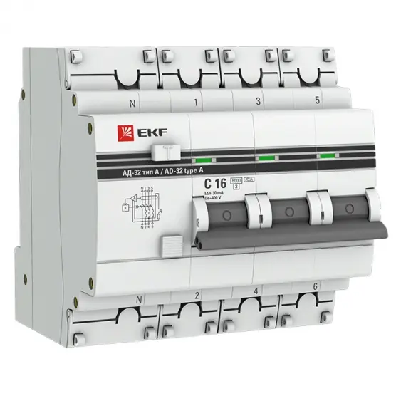АД-32 3P+N 16А (С) 30мА тип (А) эл. 6кА PROxima EKF DA32-6-16-30-4P-a-pro