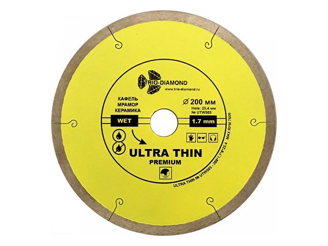 Алмазный круг 200х25.4mm по керамике сплошной ультратонкий Hot Press (1.7mm)  ...TRIO-DIAMOND UTW505