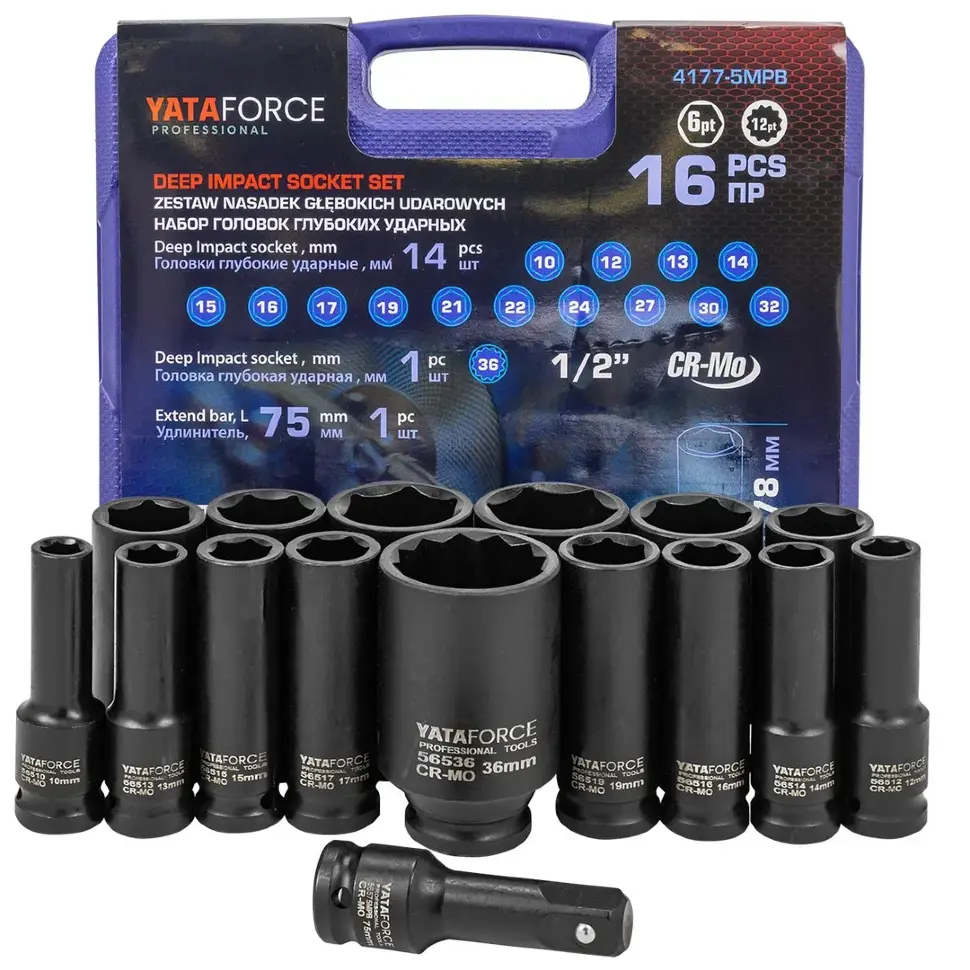 Набор головок глубоких ударных 16пр. 1/2" 12pt YATAFORCE YF-4177-5MPB