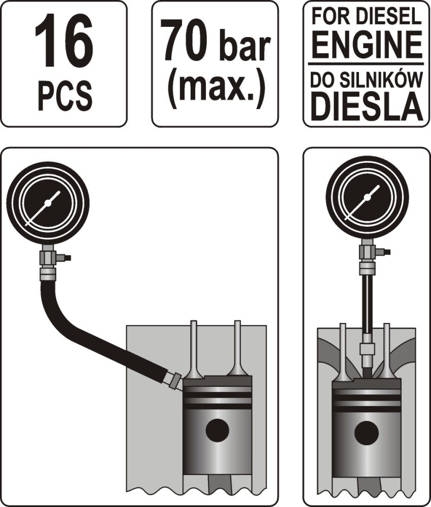 Компрессометр, набор для измерения компрессии дизельного двигателя (16пр) YATO YT-7307