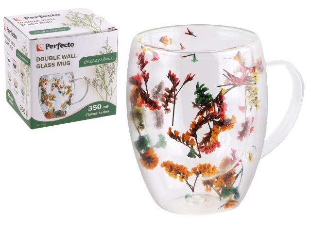 Кружка стеклянная с двойными стенками, 350 мл, серия Flower (Стеклянная кружка ручной работы из боросиликатного стекла) PERFECTO LINEA 30-135001