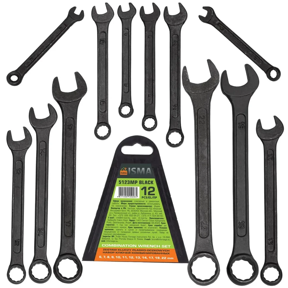 Набор ключей комбинированных 12пр.(6-14, 17, 19, 22мм) в пласт. держателе ISMA ISMA-5123MP BLACK