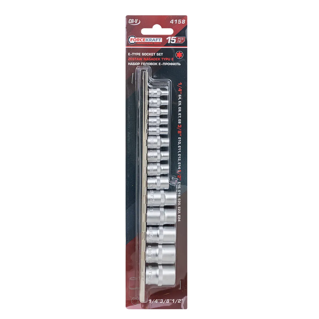 Набор головок Е-профиль, 14пр. 1/4", 3/8", 1/2" (Е4-Е24) FORCEKRAFT FK-4158