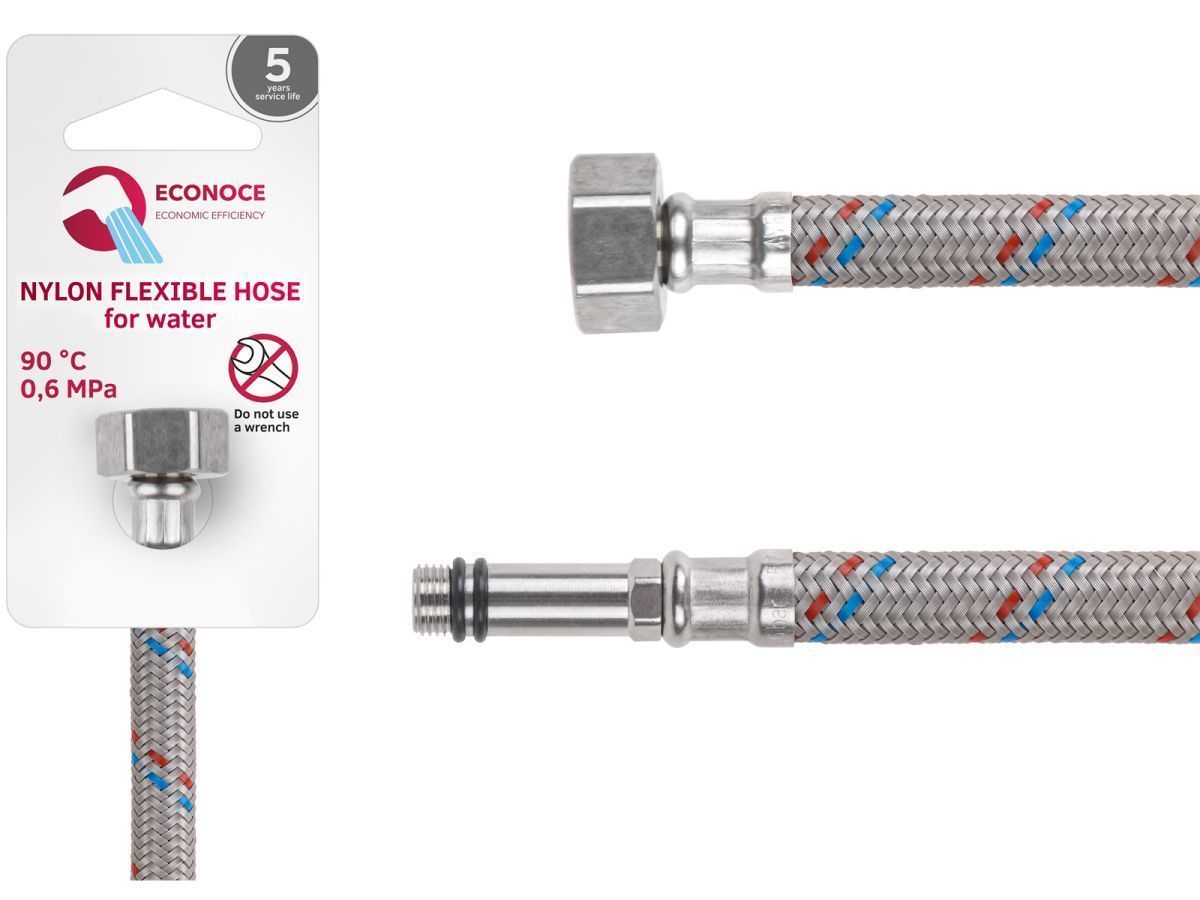 Подводка гибкая, Nylon, иголка м10 длинная - гайка 1/2" 150 см (6 Bar, 90°С) ECONOCE EC032150