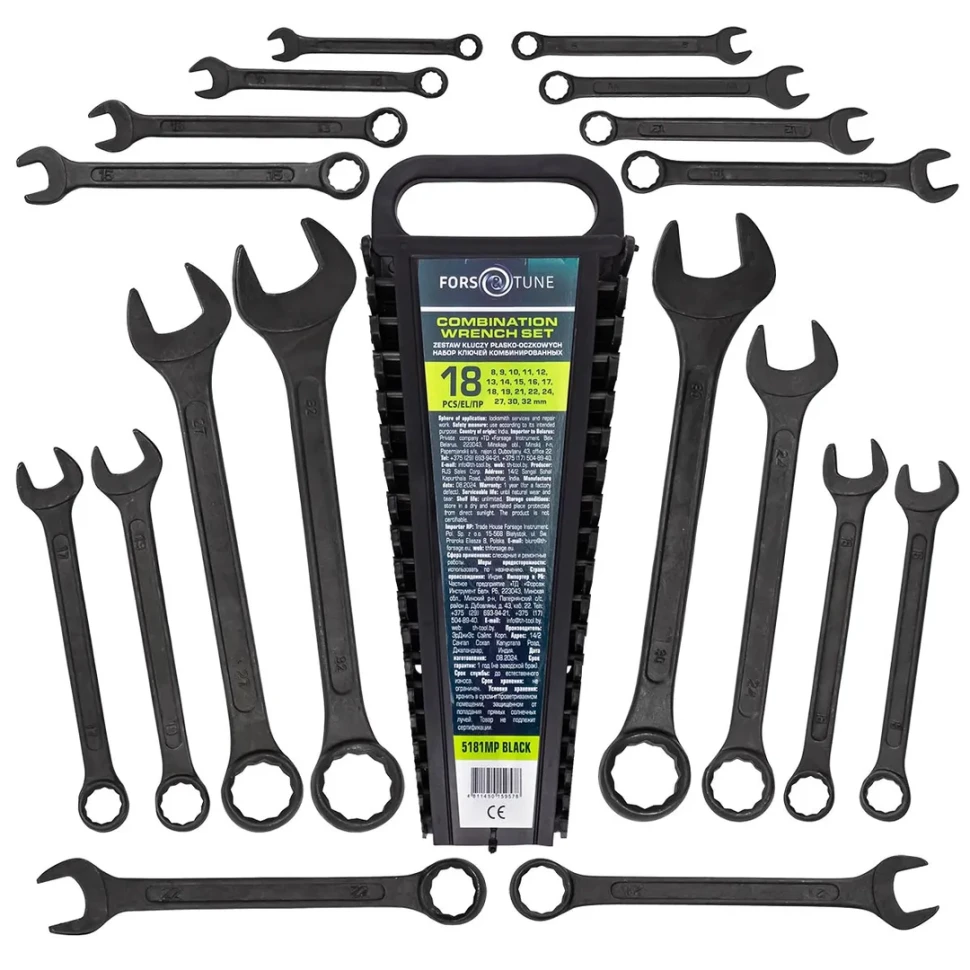 Ключи комбинированные, набор 18пр. (8-19, 21, 22, 24, 27, 30, 32мм) FORSandTUNE FORSandTUNE-5181MP BLACK