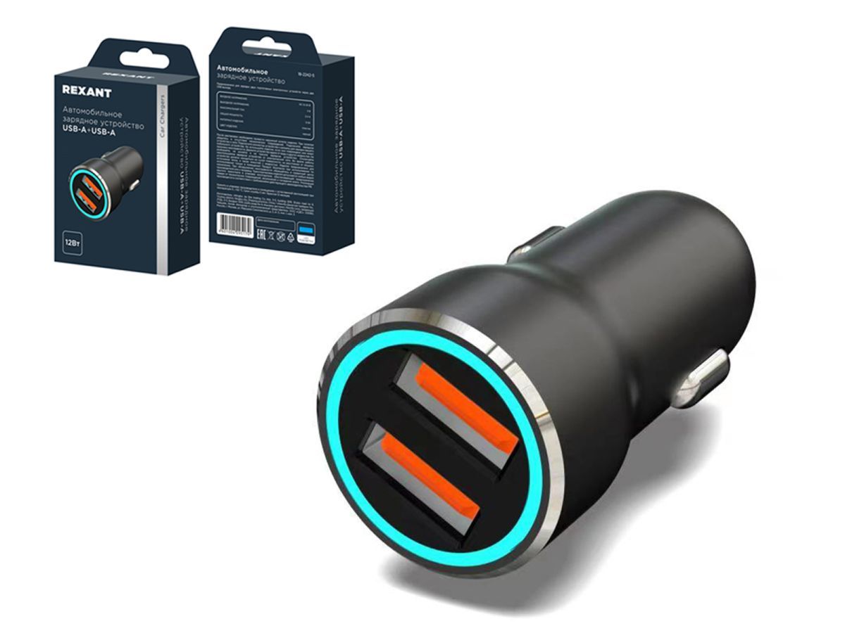 Устройство зарядное автомобильное c двумя портами (USB-A + USB-A) c LED-подсветкой, 12Вт ()  ...REXANT 18-2242-5