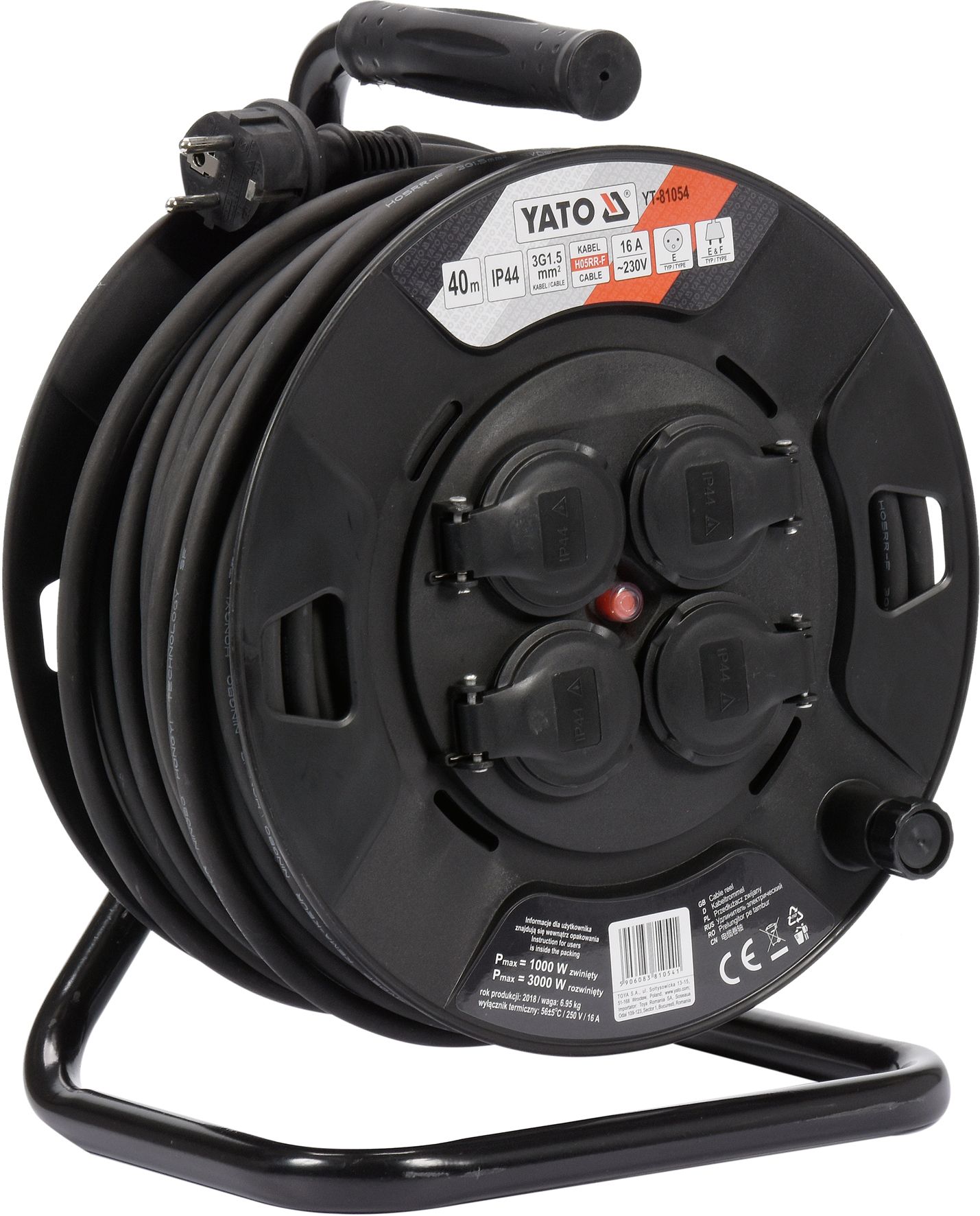 Удлинитель электрический H05RR-F 3G1.5мм. на катушке 40м 4 розетки  ...YATO YT-81054