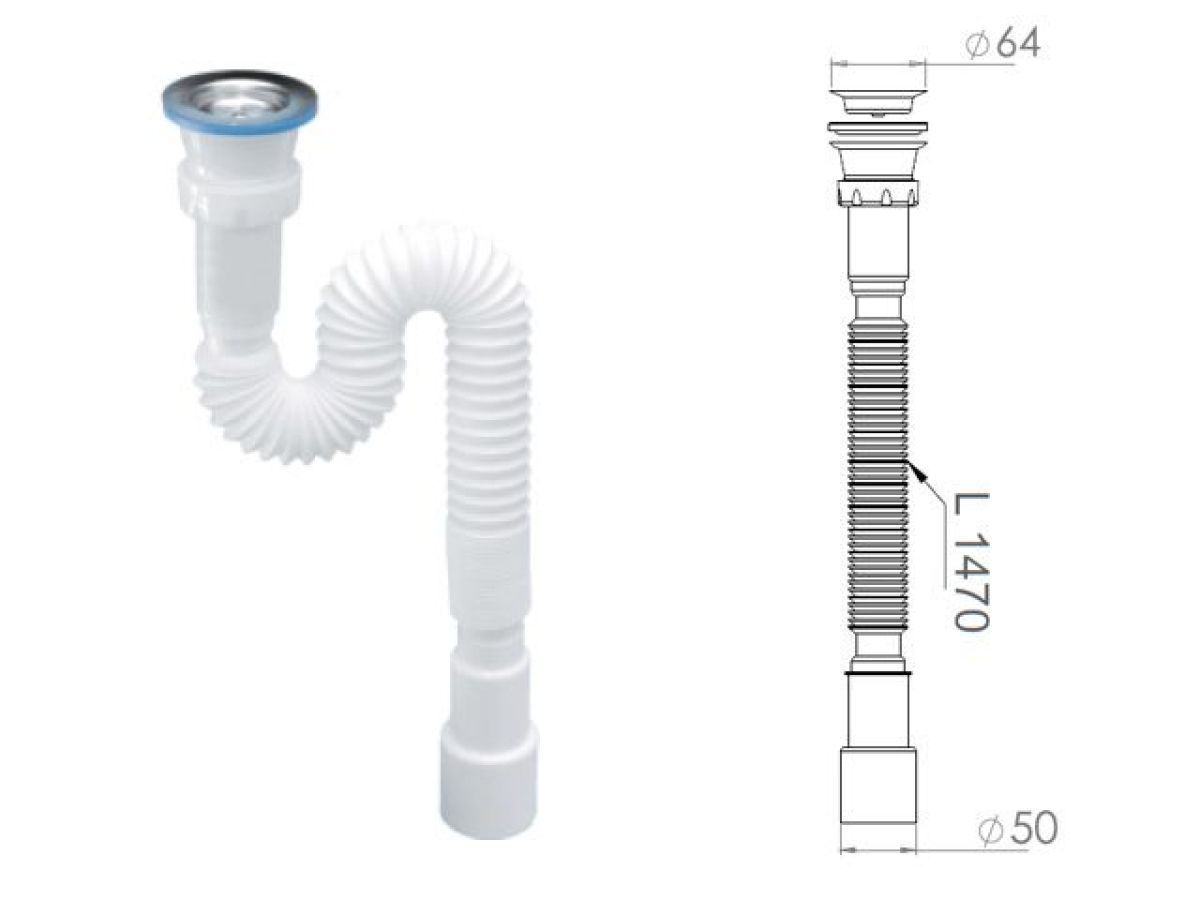 Сифон 1 1/2"х40/50 гофрированный (удлинённый), выпуск 64mm AV Engineering AVE129782