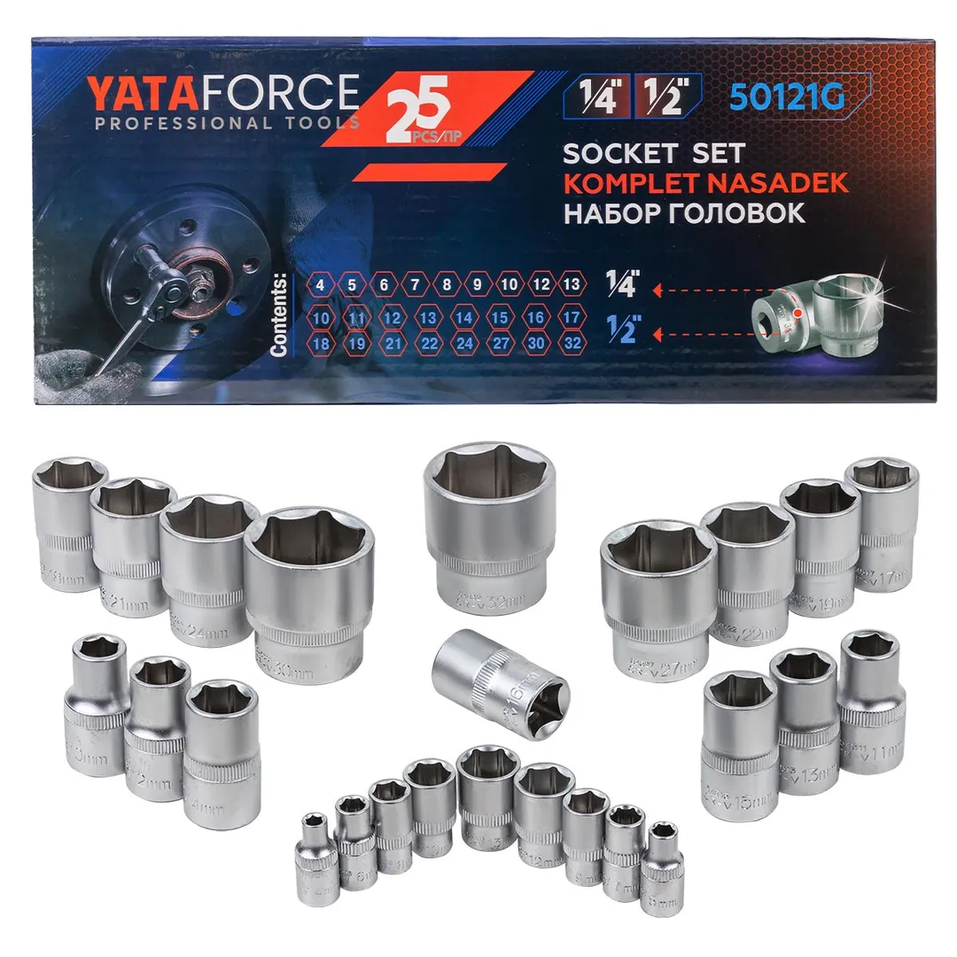 Головки 1/4", 1/2", набор 25пр. 6гр. (4-32мм) YATAFORCE YF-50121G