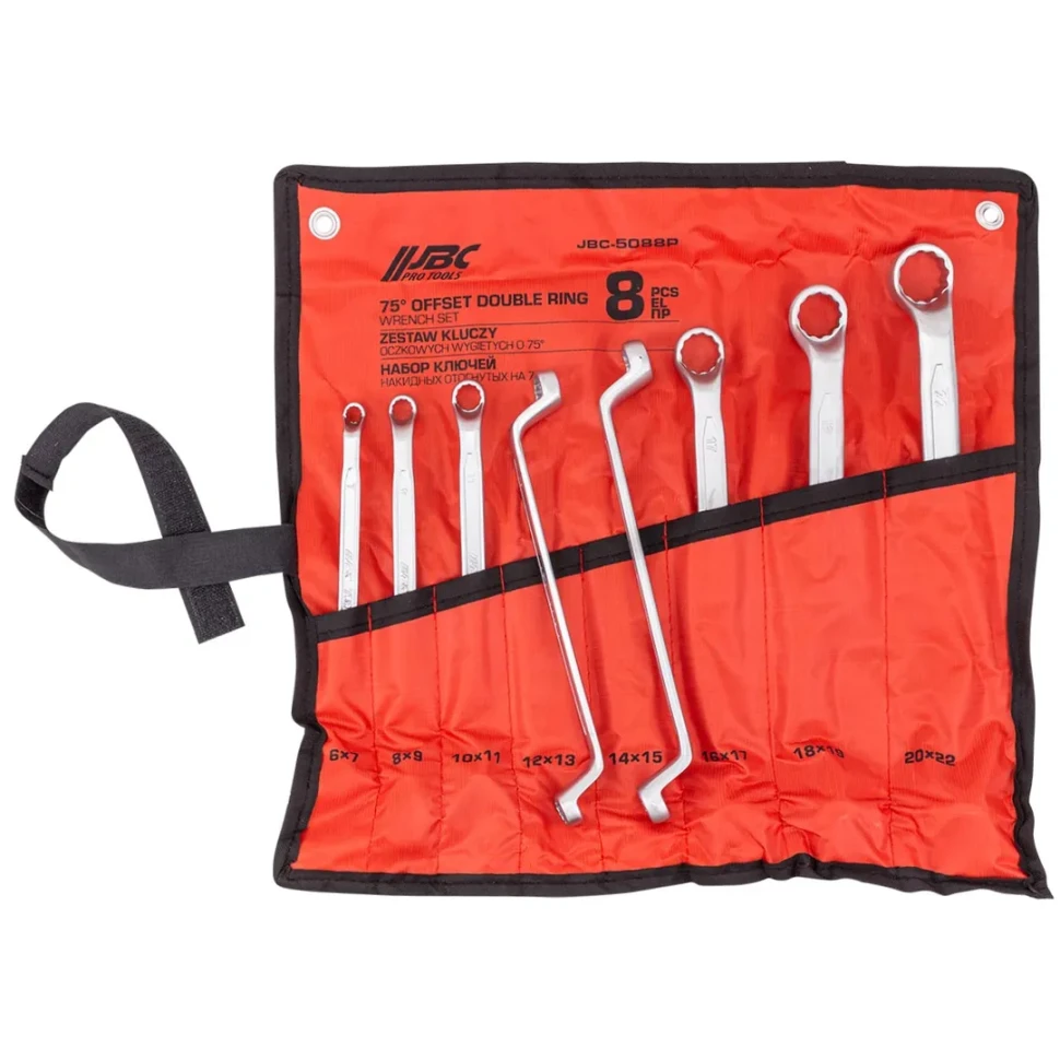 Ключи накидные отогнутые на 75град., набор 8пр. (6х7, 8х9, 10х11, 12х13, 14х15, 16х17, 18х19, 20х22мм) JBC JBC-5088P