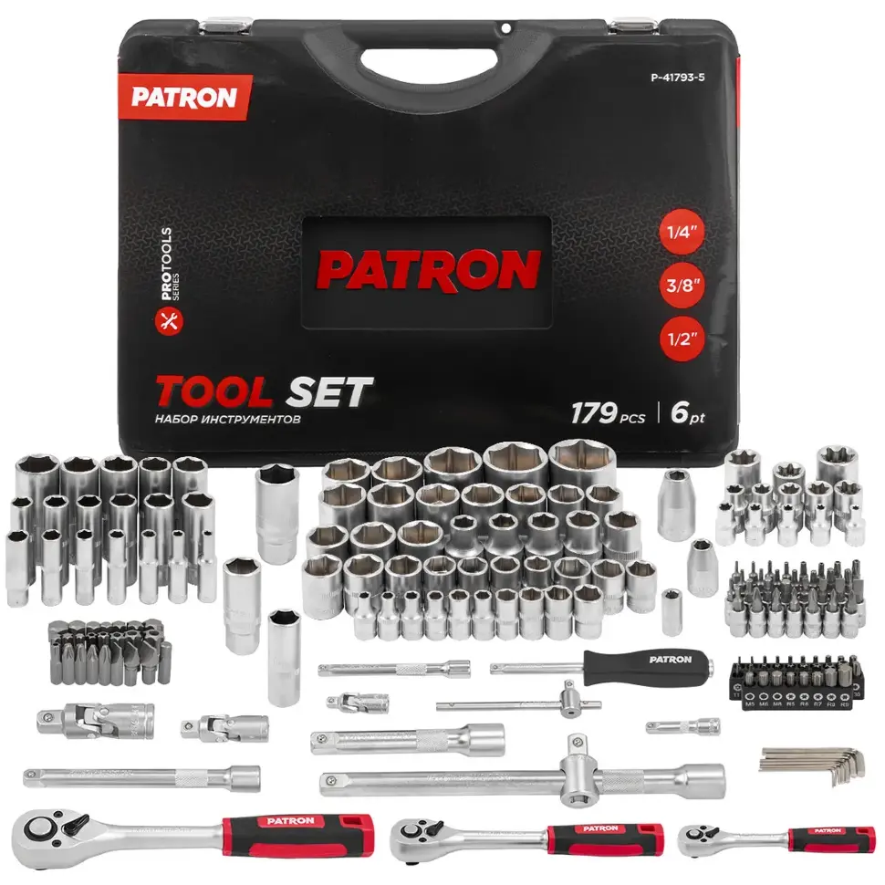 Набор инструментов 179пр. 1/4", 3/8", 1/2" (6гр.) PATRON Patron P-41793-5
