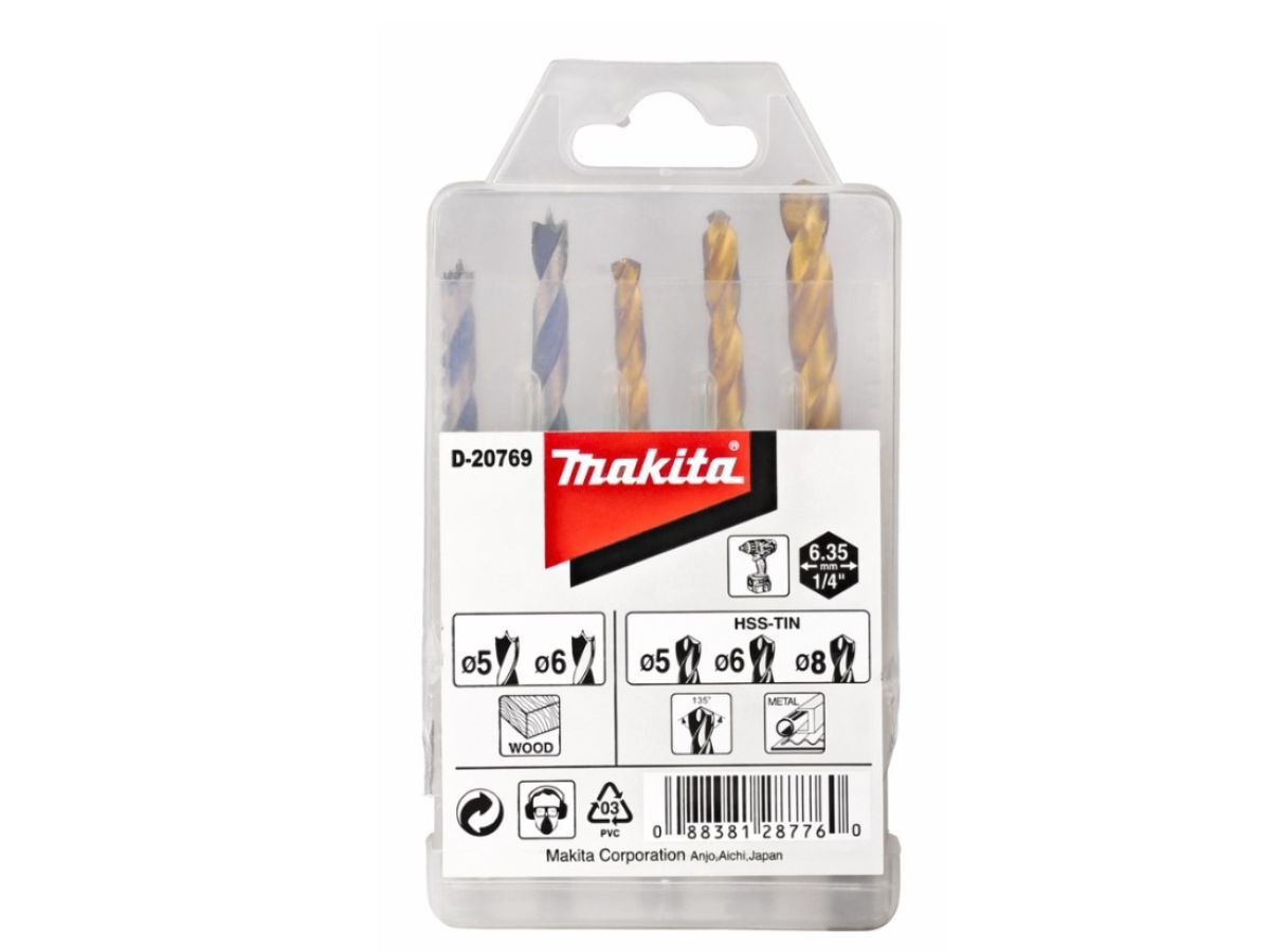 Набор сверл по дереву и металлу HSS-TIN 1/4, 5 шт  (HSS-TIN 5,6,8, дерево 5,6 мм) MAKITA D-20769
