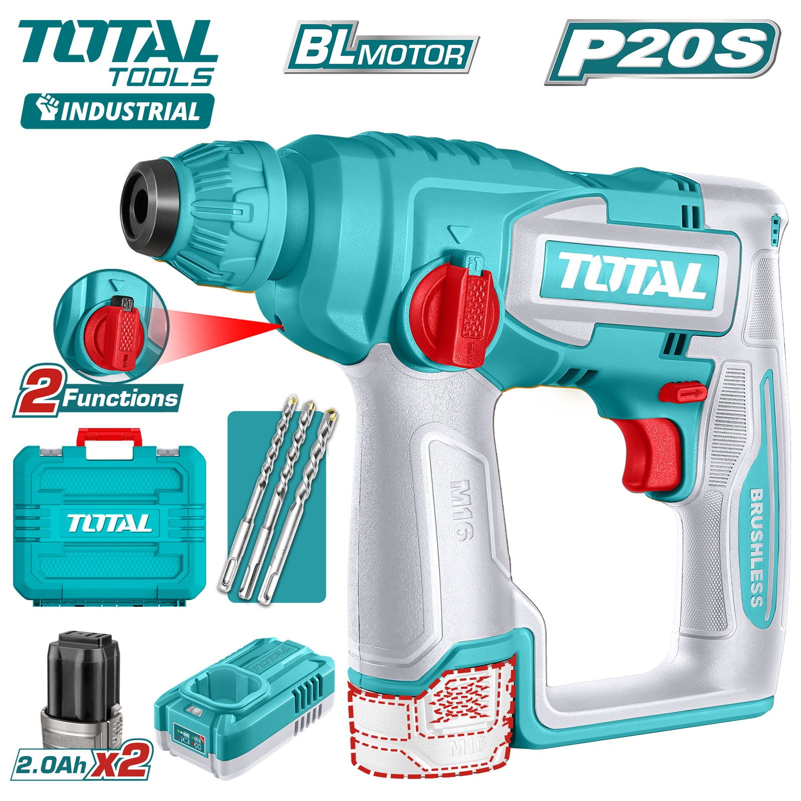 Перфоратор аккумуляторный, 16В 2 АКБ 2,0 А/ч,1.8 Дж,850 об.мин,  ...TOTAL TRHLI16168