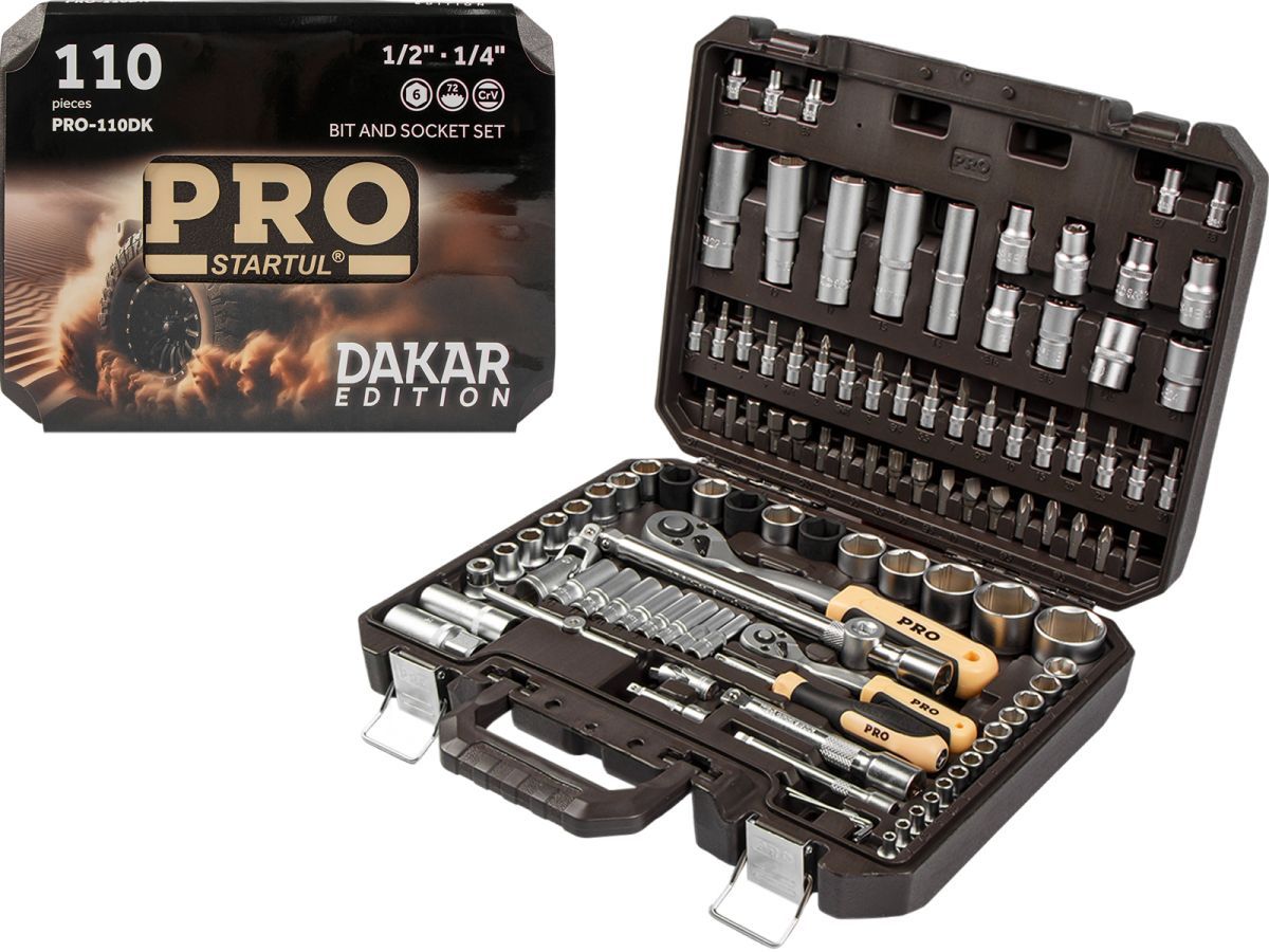 Набор головок и бит 110пр. 1/4",1/2" DAKAR (PRO-110DK) (усоверш. 6-ти гранный профиль головок, плавающие удлинители) PRO STARTUL PRO-110DK