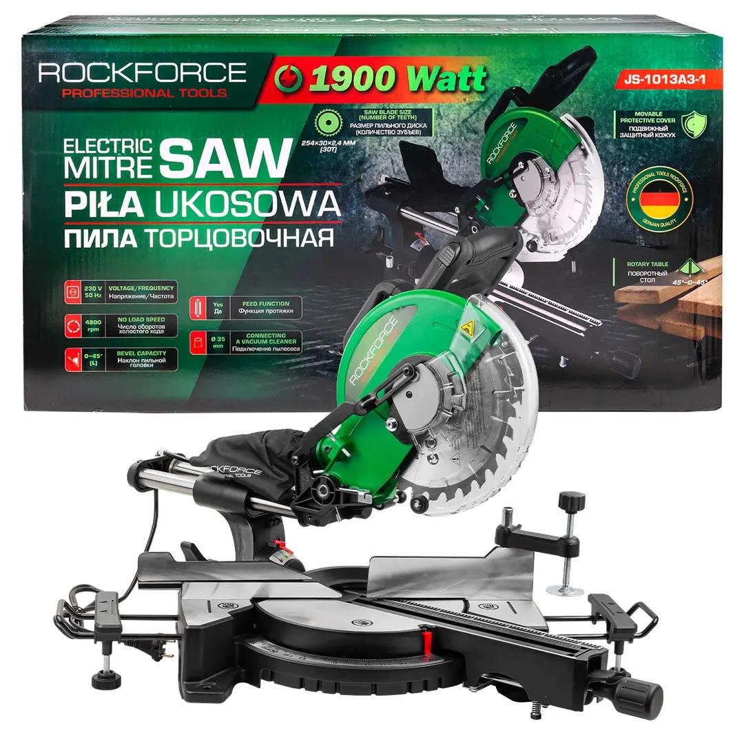 Пила циркулярная торцовочная с функцией протяжки (230V, 1900W, 4800об/мин, диск 254х30х2.4мм) RockFORCE RF-JS-1013A3-1