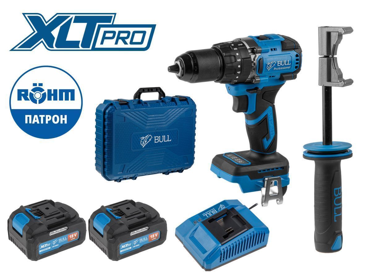 Аккум. дрель-шуруповерт SR 1806 R-series в чем. XLTpro БЕСЩЕТ., Удар., 18 В, 80 Н*м, 2х4 А*ч (Импульс. режим, "AntiKickback", Автостоп на реверсе, 6 ступеней регулировки оборотов, шурупы до 10 м) BULL 2329059