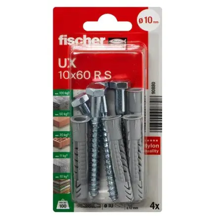 Дюбель универсальный UX 10x60 R с бортом с саморезом ( 4шт упак.) Fischer ...FISKARS 90880f