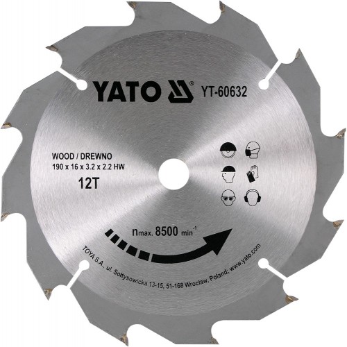 Диск пильный с напаянными зубцами из твердых сплавов 190/16 12T  ...YATO YT-60632